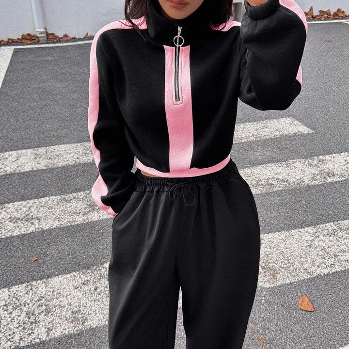 Dame sporty loungewear-set med halv glidelås og elegante kontraststriper Skjora
