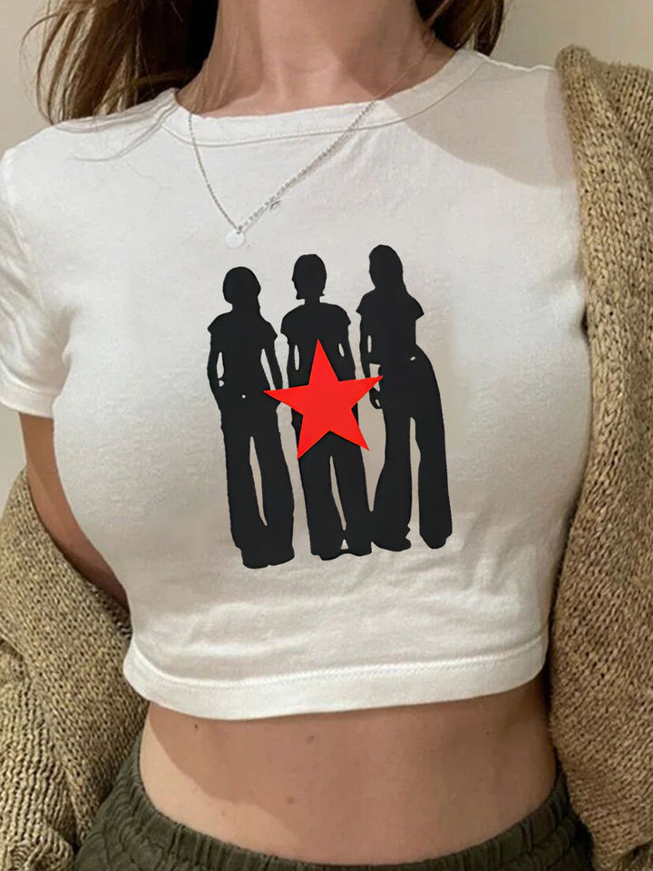 Dame Crop-Top med kreativ grafisk design og moderne skrift Skjora