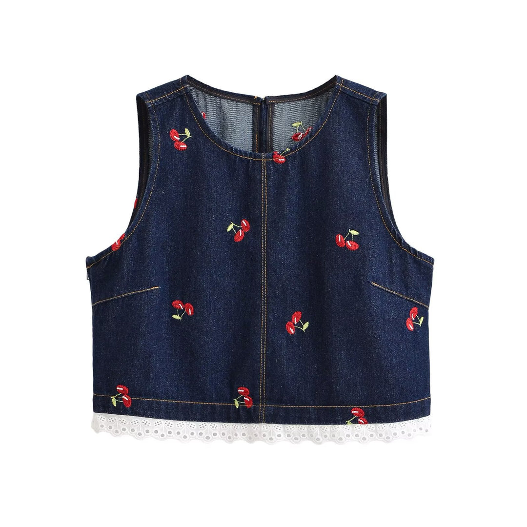Dame Designer-Cropped-Top med blomsterbroderi og blonderdetaljer Skjora