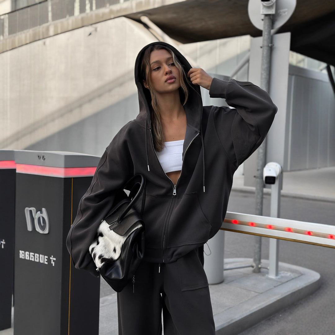 Kvinnelig mønstrete oversized sweatshirtjakke med vid cut og elastisk hem Skjora