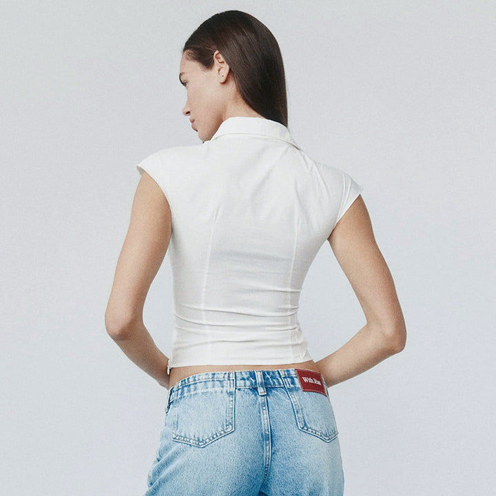 Dame elegant kortermet bluse med knuteformet design Skjora