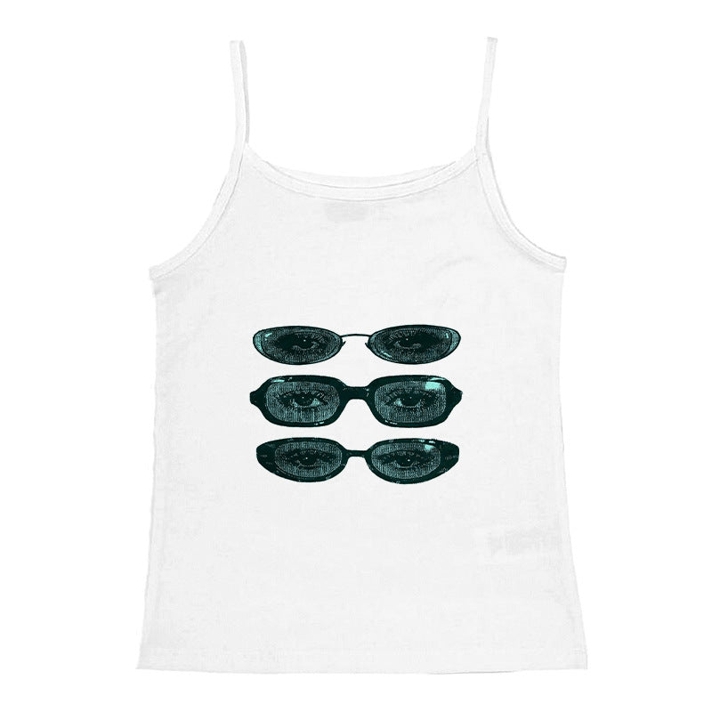 Dame ermeløs tanktop med kreativt brillemotiv Skjora