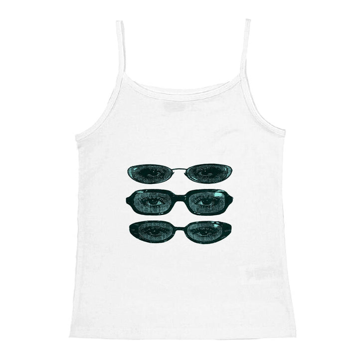 Dame ermeløs tanktop med kreativt brillemotiv Skjora