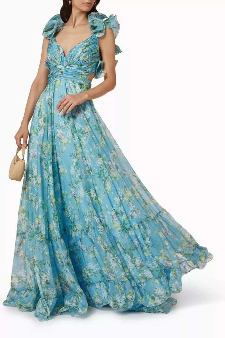 Women's maxi dress with floral ruffles and a flowing design