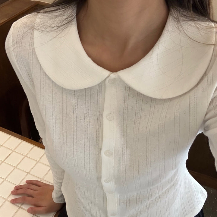 Dame Langermet Crop-Top med stilfull krage og knappestolpe Skjora