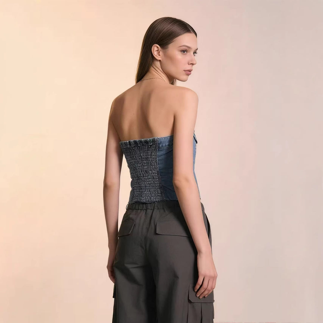Dame Denim Bustier-Topp med knappdetalj og frynser Skjora