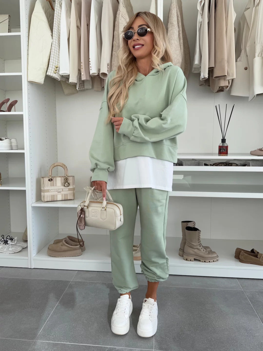 Damene casual hoodie og joggers sett med praktiske lommer og elastisk midje