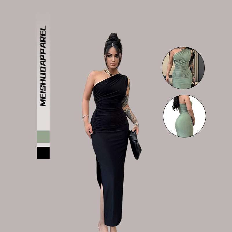 Damer Elegant Én-Shoulder Maxi Kjole med Figur-Nær Skjæring og Side Spalte