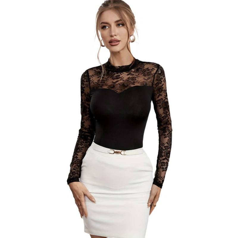 Damen Langermet blonde topp med raffinert hjerteutskjæring og gjennomsiktig eleganse Skjora