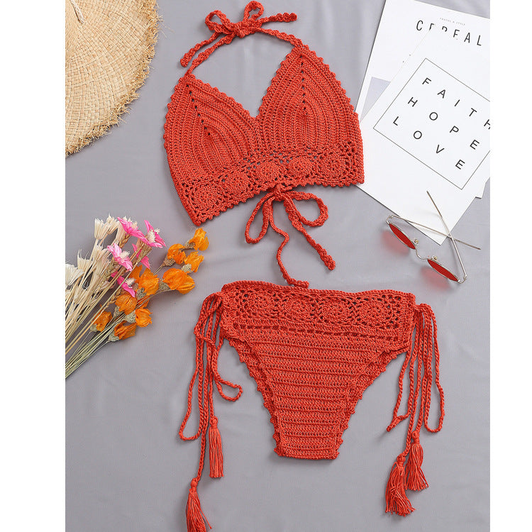Damen Häkel-Bikini-Set mit verstellbaren Trägern und fransigen Details Skjora