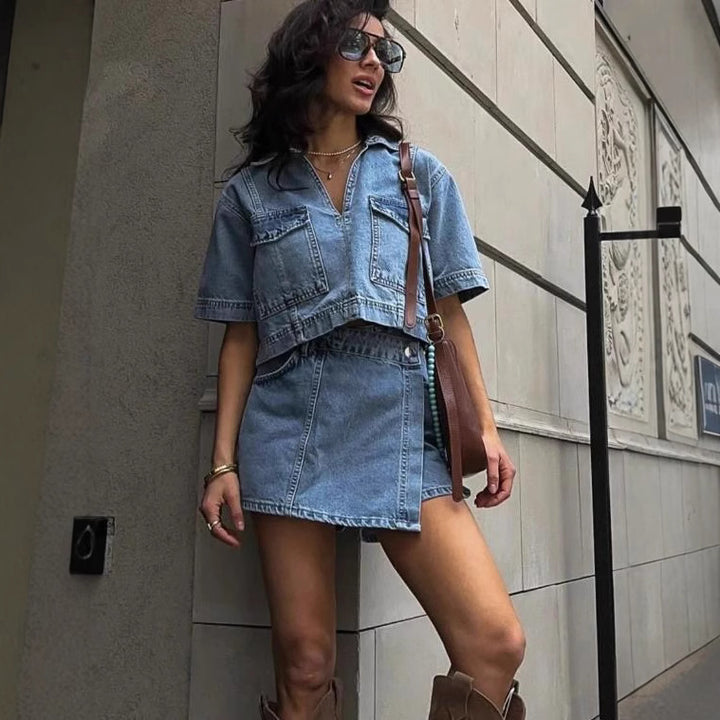 Dame moteriktig denim kort topp og skjørt sett Skjora