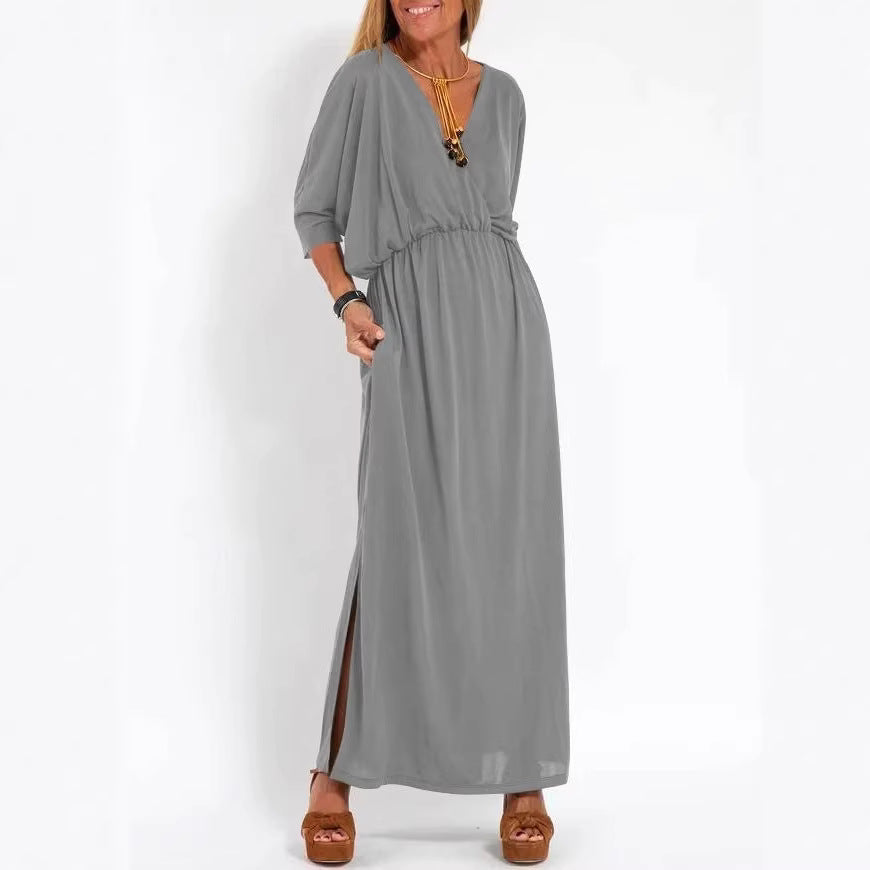 Kvinne elegant maxi kjole med sidesplit og fleksibel midje Skjora