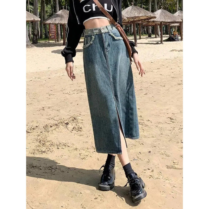 Women's Long Denim Skirt with High Slit Shredded