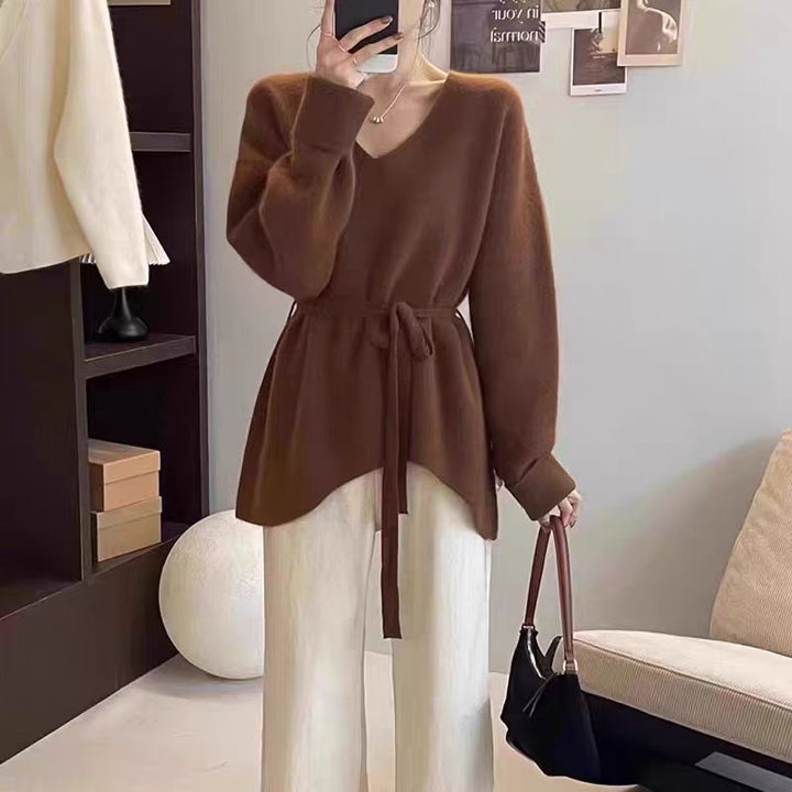 Dame cardigan med livbelte og V-hals Skjora