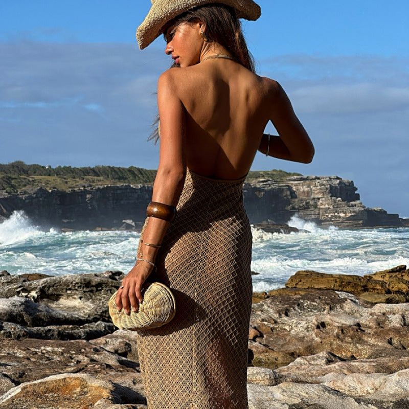 Damen Häkel-Strandkleid mit V-Ausschnitt und feinem Netzdesign Skjora