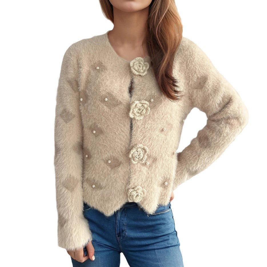 Dame fin cardigan med blomsterapplikasjoner og perleakcenter Skjora