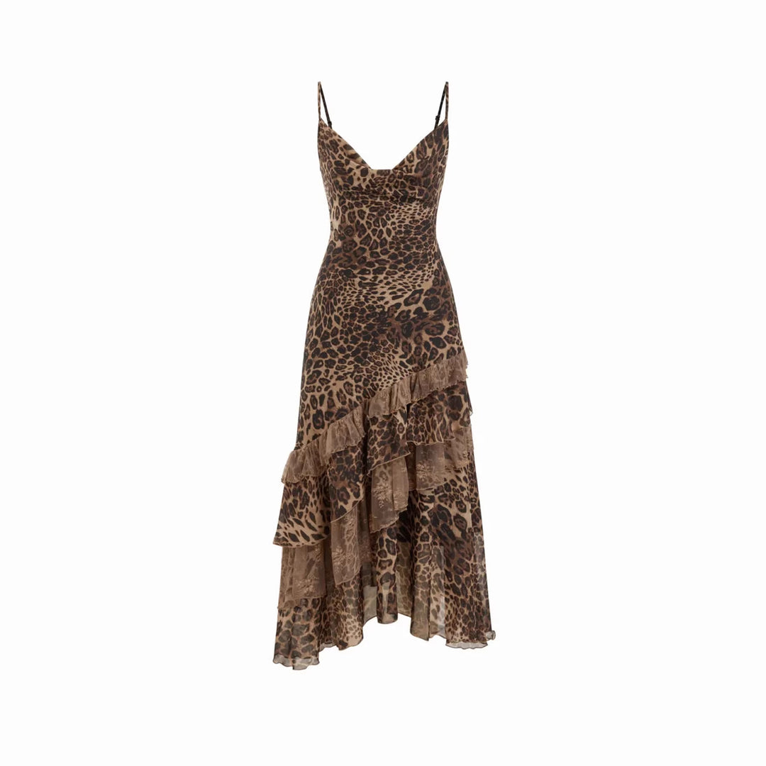 Dame elegant midi dress med asymmetrisk volang og dyreprint Skjora