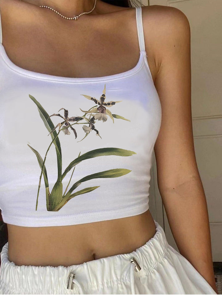 Women's Floral Pattern Crop Top with Thin Straps Skjora