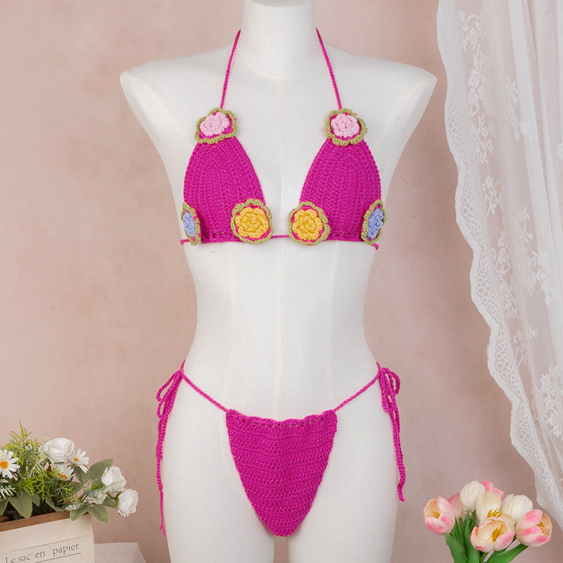 Damen Häkel-Bikini mit verspieltem Blumendesign und verstellbaren Bändern Skjora