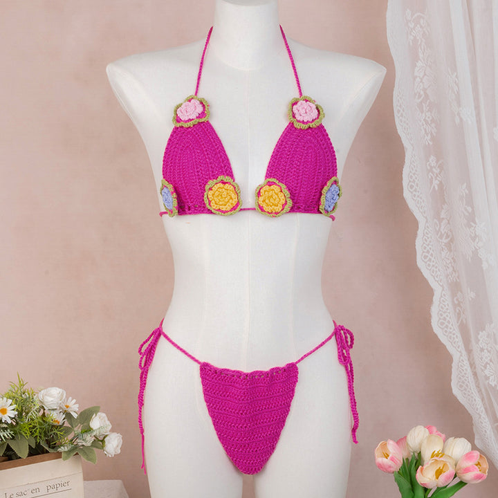 Damen Häkel-Bikini mit verspieltem Blumendesign und verstellbaren Bändern Skjora