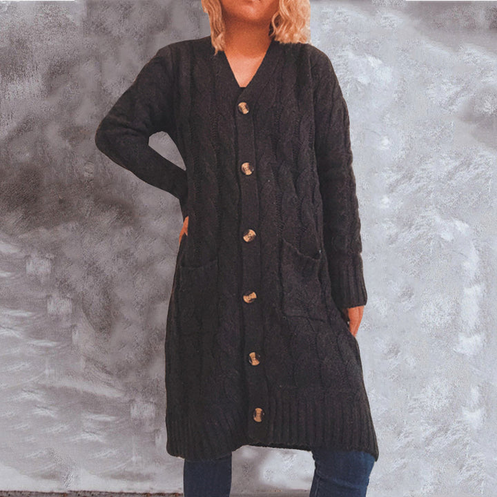 Dames chunky strikket cardigan med lommer og knappdetaljer Skjora