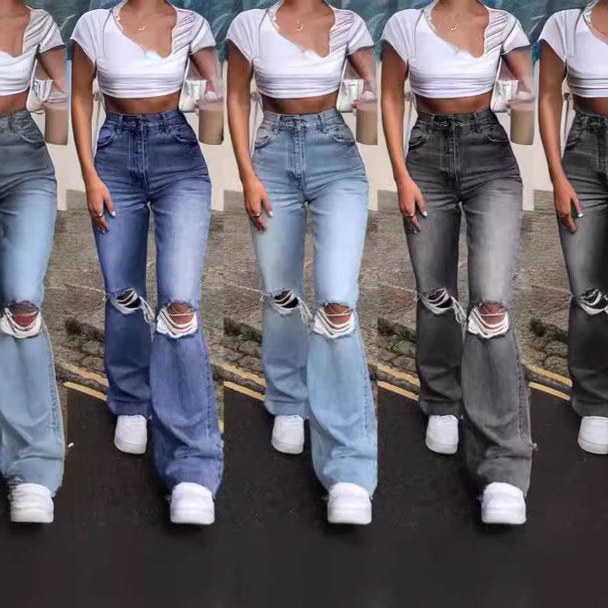 Dame Vintage Bell jeans med mote rift detaljer og høy midje Skjora
