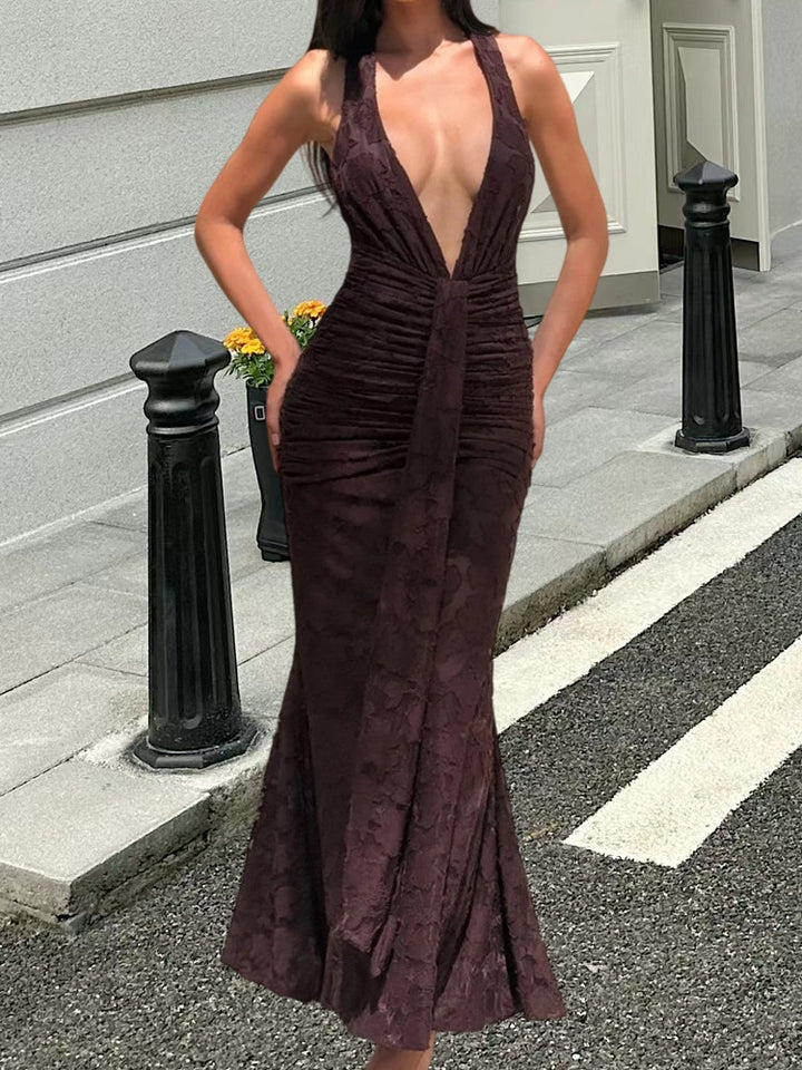 Damer Elegant Maxi Kjole med Dyp V-Hals og Volangdesign