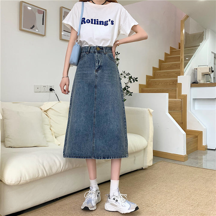 Kvinnelig Lang Denim Skjørt med Høy Kutt og Dekorative Sømmar Skjora