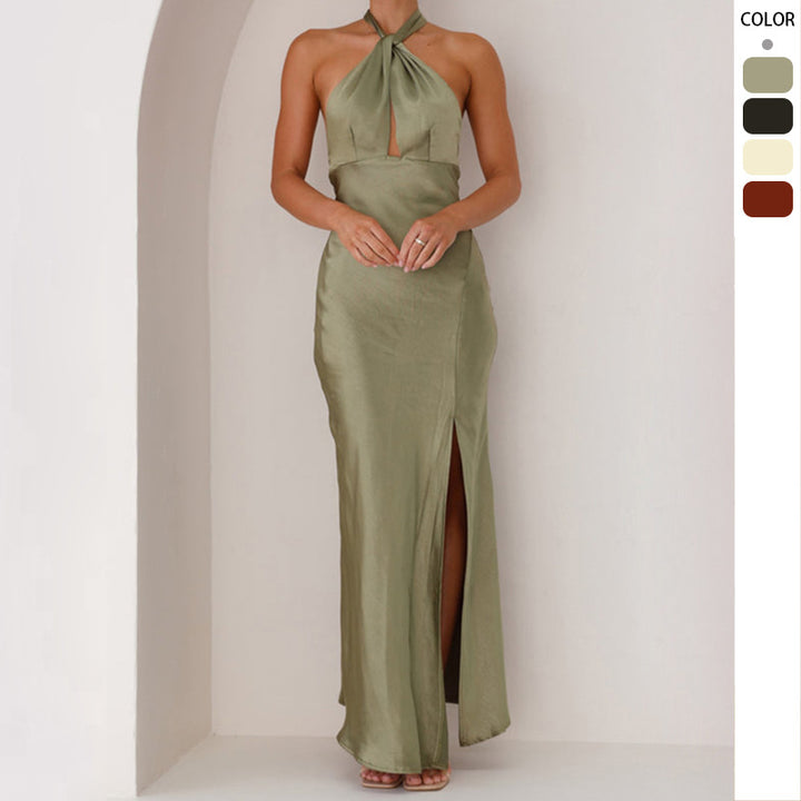 Kvinnens elegante omslag maxi kjole i halterneck stil med sideslitt og livbelte