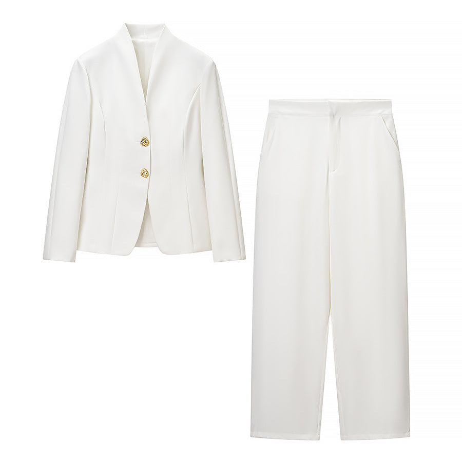 Women's Elegant Blazer and Pants Set with Gold Buttons Skjora