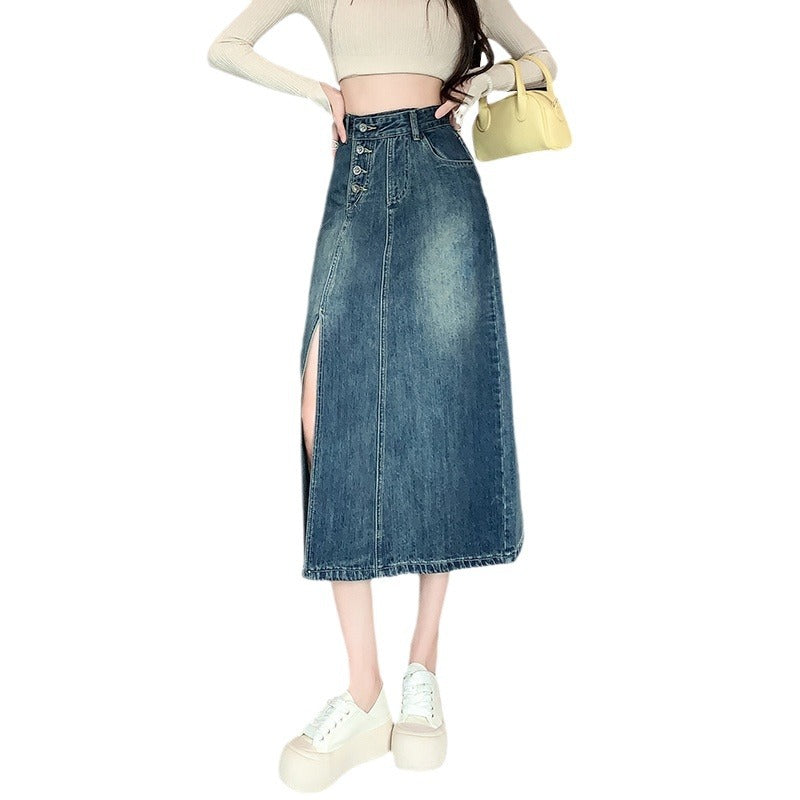 Kvinne Lang Denim Skjørt med Front Splitt Skjora