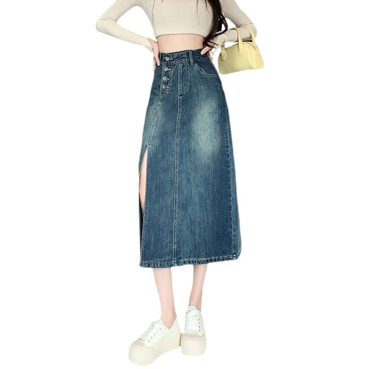 Kvinne Lang Denim Skjørt med Front Splitt Skjora