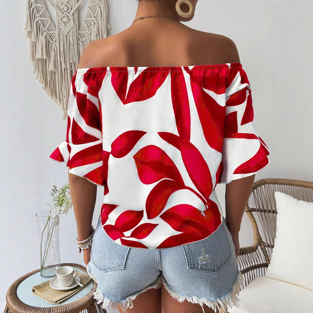 Dame Off-Shoulder Bluse med floralt mønster og justerbar knute Skjora