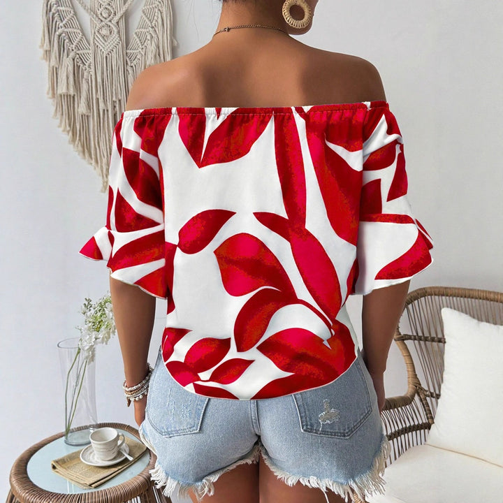 Dame Off-Shoulder Bluse med floralt mønster og justerbar knute Skjora