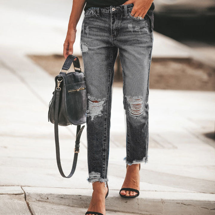 Dame Destroyed Mom Jeans med frynser og avslappet snitt Skjora