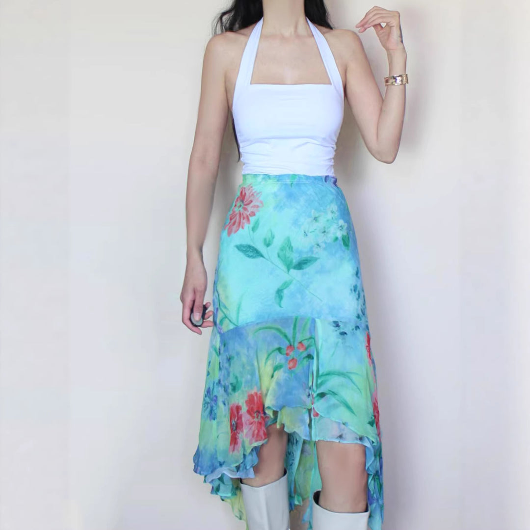 Damer asymmetrisk volangskjørt laget av blomstret chiffon Skjora