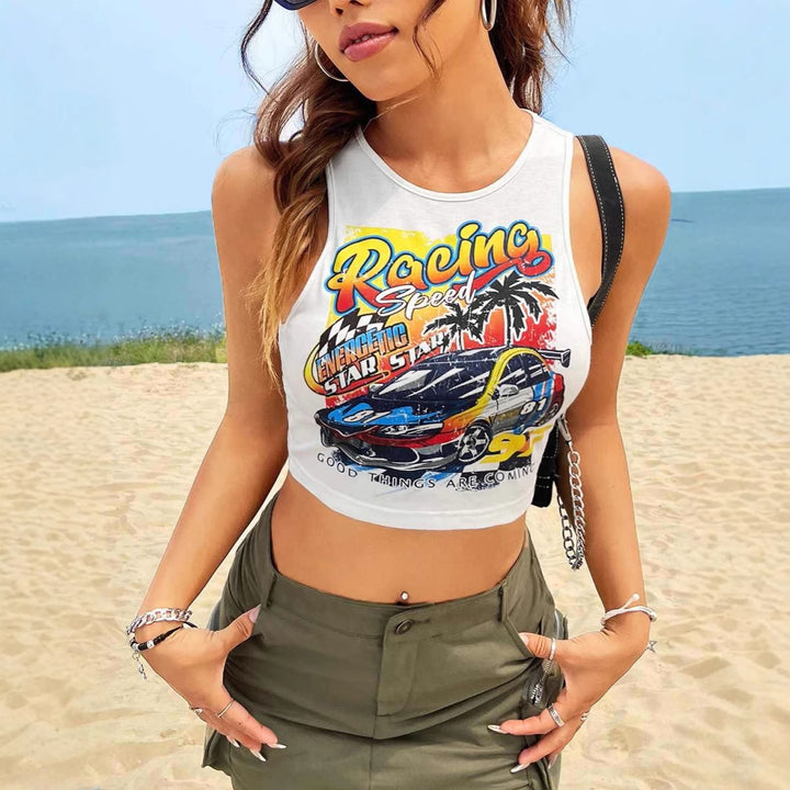 Dame Cropped Tank-Top med kreativ bilsportmotiv og avslappet snitt Skjora