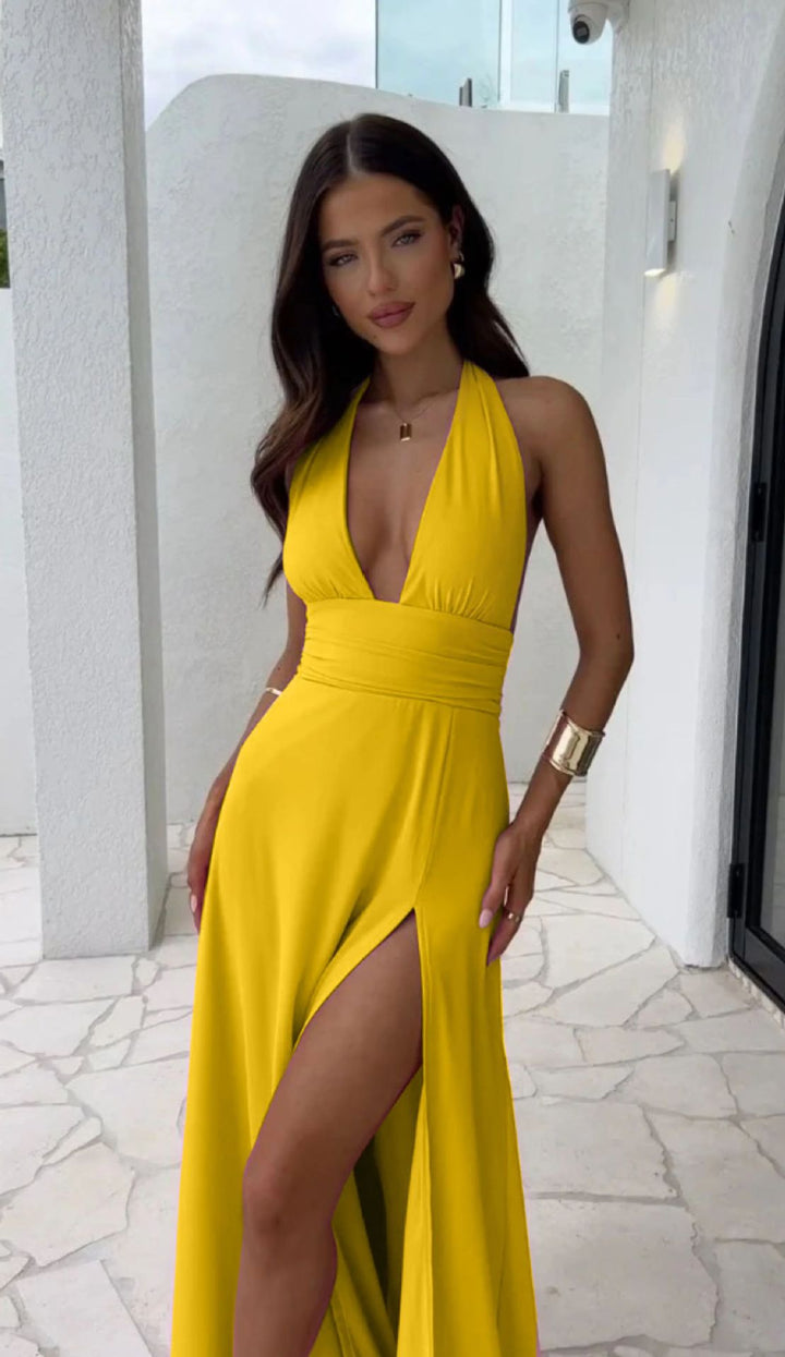 Kvinne Halter Maxi Kjole med Høy Slits og Fitted Snitt