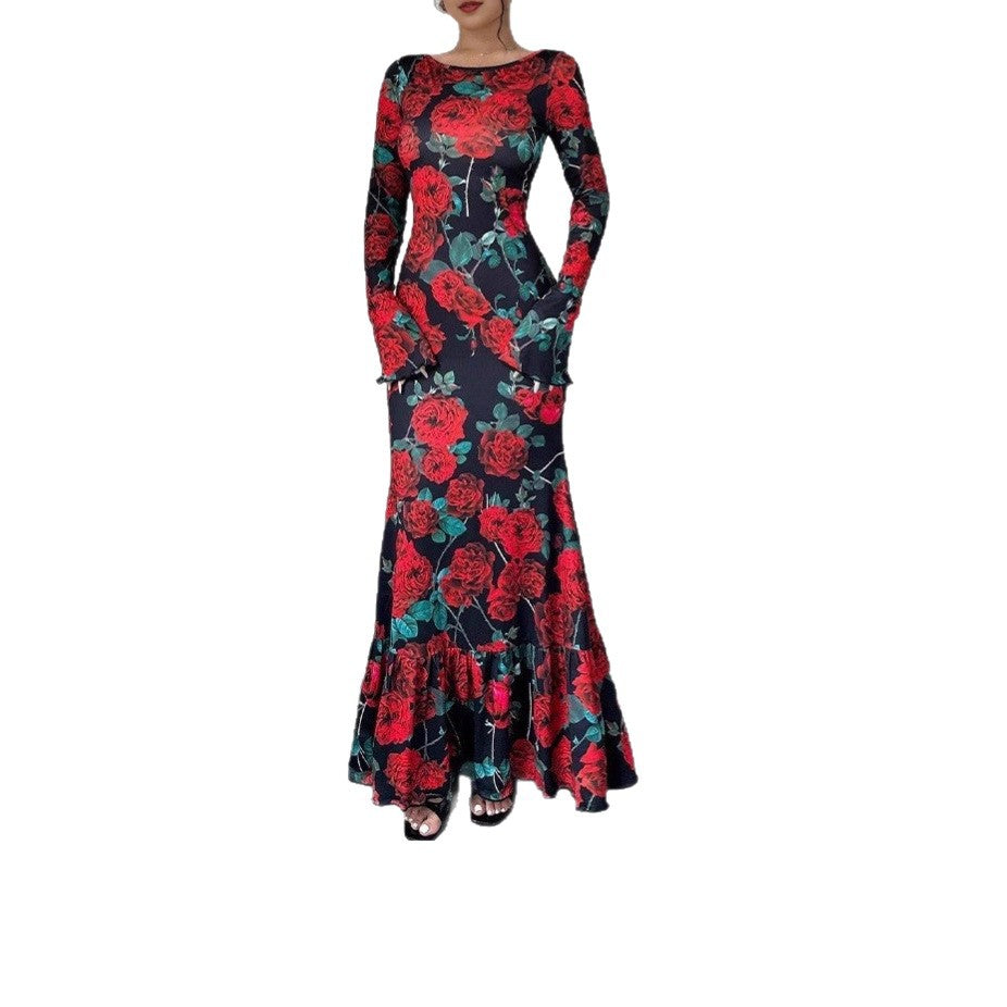 Kvinnene Elegant Maxi Kjole med Blomster Rysjedetaljer og Lange Ermer Skjora