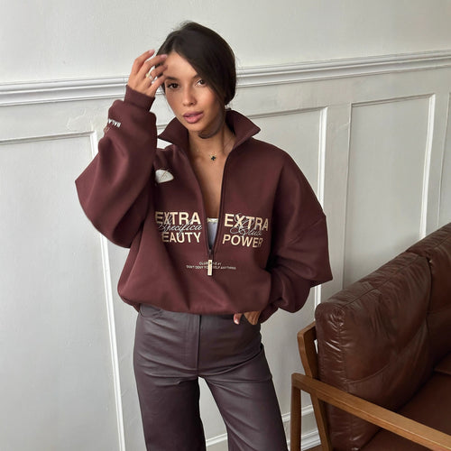 Damer Oversized Zip Genser med kreativ tekst og moderne design Skjora