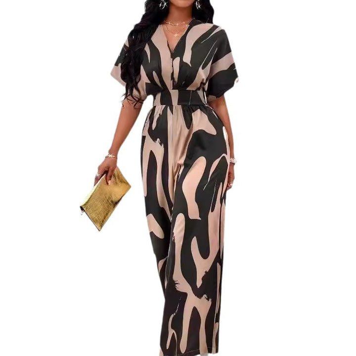 Dame Elegant Jumpsuit med stort mønster og V-hals Skjora