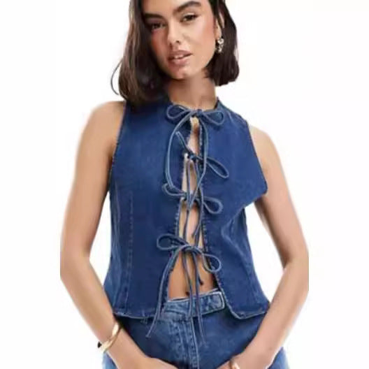 Dame Denim Bustier-Topp med leken snøring detalj Skjora