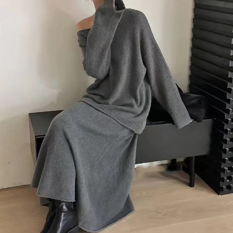 Kvinne Off-Shoulder Strikk Kjole i Casual Stil med Flytende Snitt Skjora