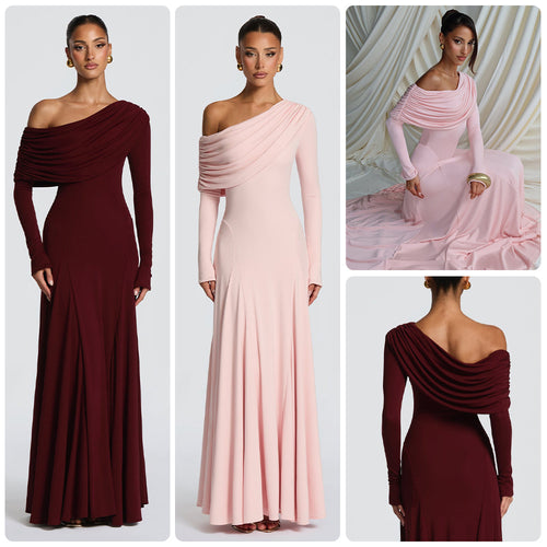 Kvinnens elegante langermede maxi-kjole med asymmetrisk draperingsdetalj