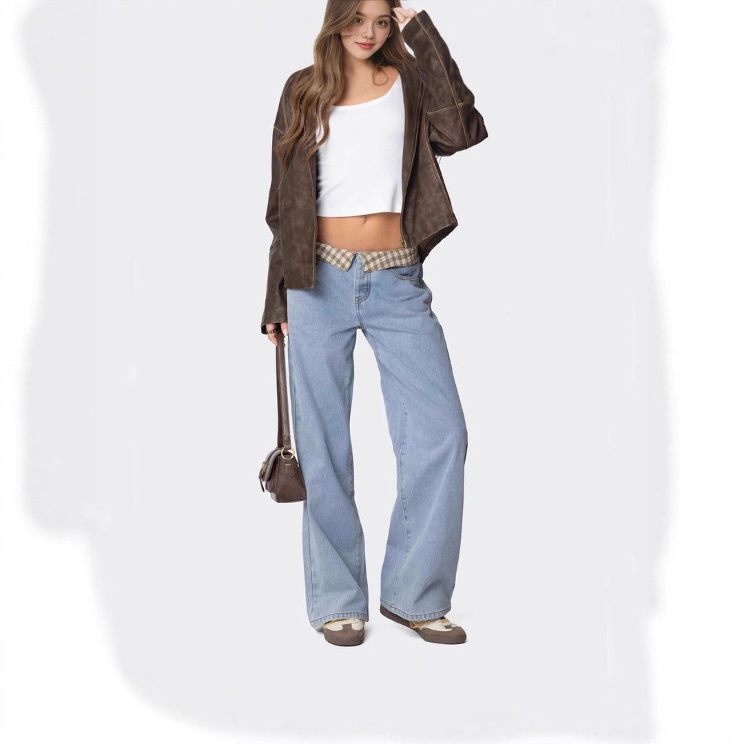 Dame Baggy Jeans med rutete belte Skjora