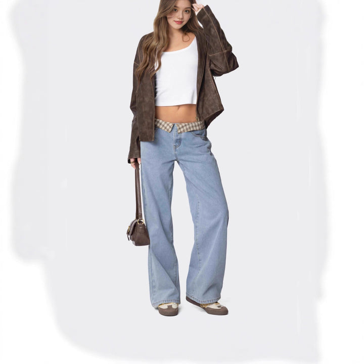 Dame Baggy Jeans med rutete belte Skjora