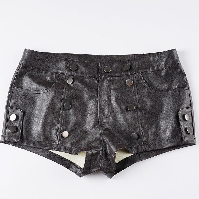 Dame Kunstlær-Shorts med dekorative knappe-detaljer Skjora