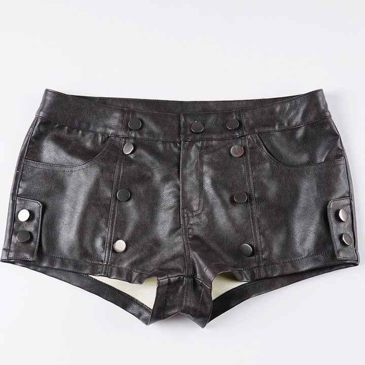 Dame Kunstlær-Shorts med dekorative knappe-detaljer Skjora