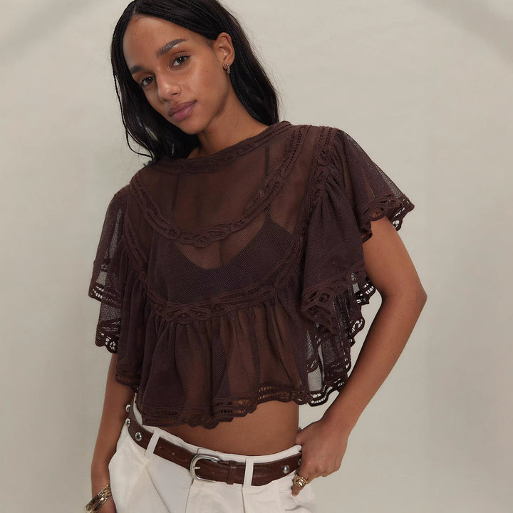 Damen Elegante Häkelbluse mit voluminösen Rüschendetails und transparentem Stoff Skjora