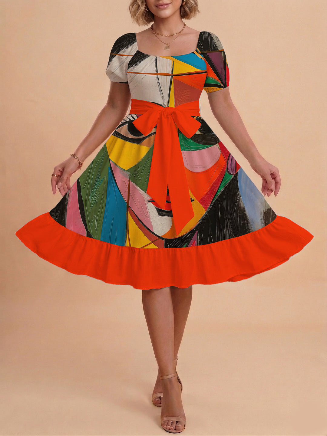 Damen Sommerliches Blumenkleid mit taillierbarem Gürtel und voluminösen Ärmeln Skjora